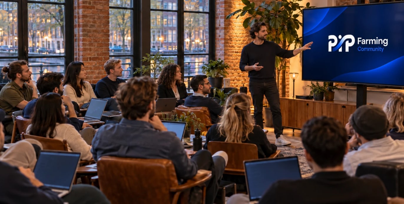 A PiP Farming session: members with laptops listening to a talk in a loft in Amsterdam